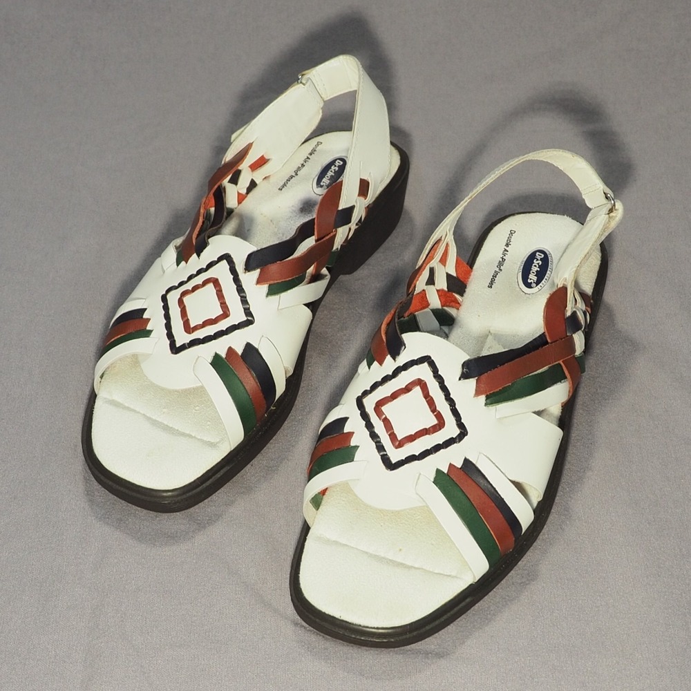 Dr Scholls Sandals Womens 8 White Woven Aztec Slingback Huarache Wedge Flat